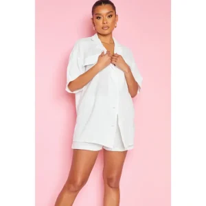 White Woven Pocket Short Sleeve Oversized Shirt - glamourwo.com | ladies' apparel & accessories & shoes | Sale