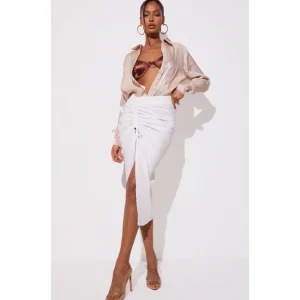 White Woven Ruched Detail Midi Skirt - glamourwo.com | ladies' apparel & accessories & shoes | Sale