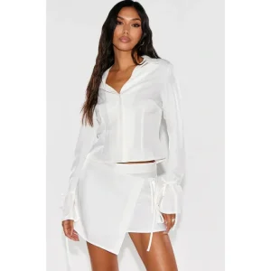 White Woven Tailored Tie Detail Shirt - glamourwo.com | ladies' apparel & accessories & shoes | Cheap