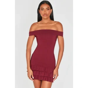 Wine Bardot Tiered Shift Dress | Dresses - glamourwo.com | ladies' apparel & accessories & shoes | Clearance