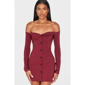 Wine Button Detail Bardot Bodycon Dress - glamourwo.com | ladies' apparel & accessories & shoes | Cheap