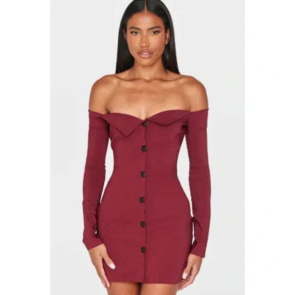 Wine Button Detail Bardot Bodycon Dress - glamourwo.com | ladies' apparel & accessories & shoes | Cheap