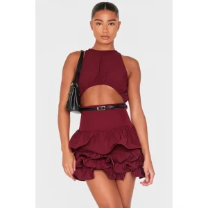 Wine Cut Out Belted Frill Hem Shift Dress - glamourwo.com | ladies' apparel & accessories & shoes | Online