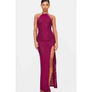 Wine Lined Mesh Diamante Detail Split Maxi Dress - glamourwo.com | ladies' apparel & accessories & shoes | Hot