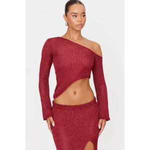 Wine Sequin Knit Asymmetric Long Sleeve Crop Top - glamourwo.com | ladies' apparel & accessories & shoes | Sale