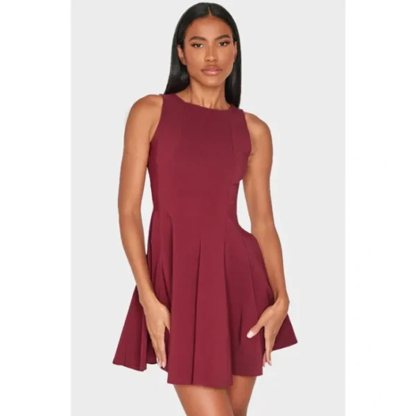 Wine Stretch Woven Racer Pleated Shift Dress - glamourwo.com | ladies' apparel & accessories & shoes | Online