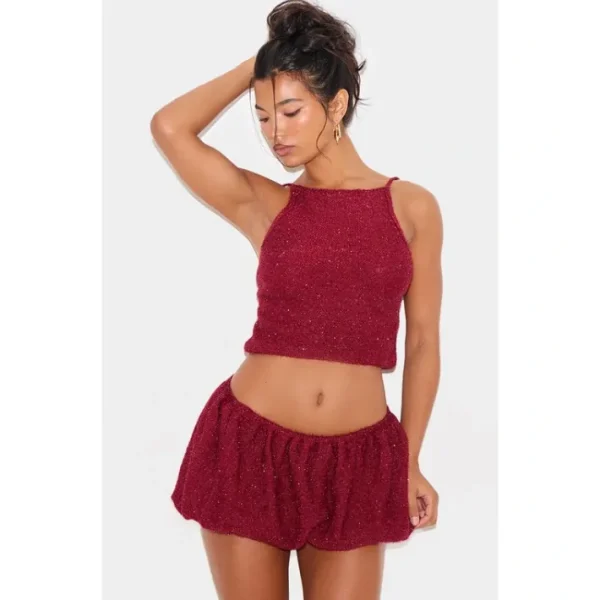 Wine Tinsel Knit Detail Cami Crop Top - glamourwo.com | ladies' apparel & accessories & shoes | Discount