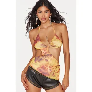 Yellow Cut Out Printed Mesh Long Top | Tops - glamourwo.com | ladies' apparel & accessories & shoes | Outlet