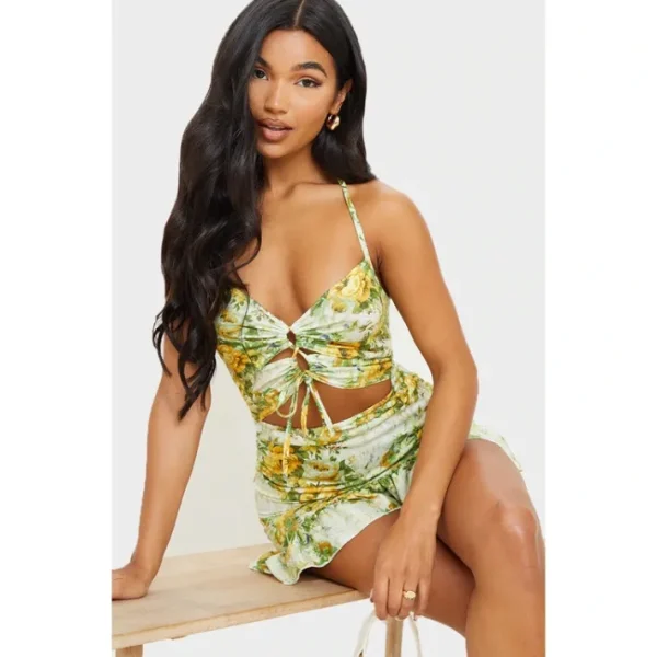Yellow Floral Cut Out Frill Hem Shift Dress - glamourwo.com | ladies' apparel & accessories & shoes | Best Sale