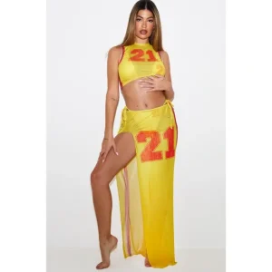 Yellow Mesh 21 Maxi Side Split Beach Skirt - glamourwo.com | ladies' apparel & accessories & shoes | Online