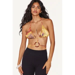 Yellow Ring Detail Printed Mesh Bralet Top - glamourwo.com | ladies' apparel & accessories & shoes | Hot