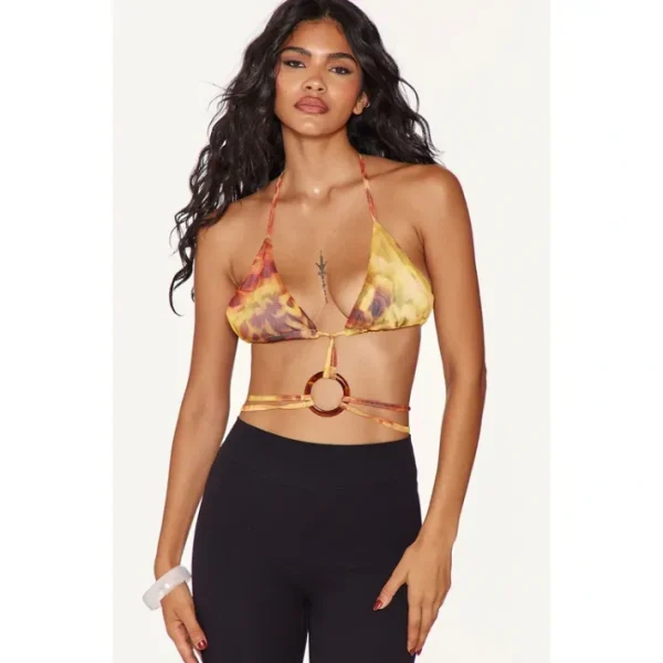Yellow Ring Detail Printed Mesh Bralet Top - glamourwo.com | ladies' apparel & accessories & shoes | Hot