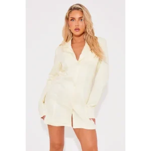 Yellow Textured Button Oversized Blazer Dress - glamourwo.com | ladies' apparel & accessories & shoes | Flash Sale